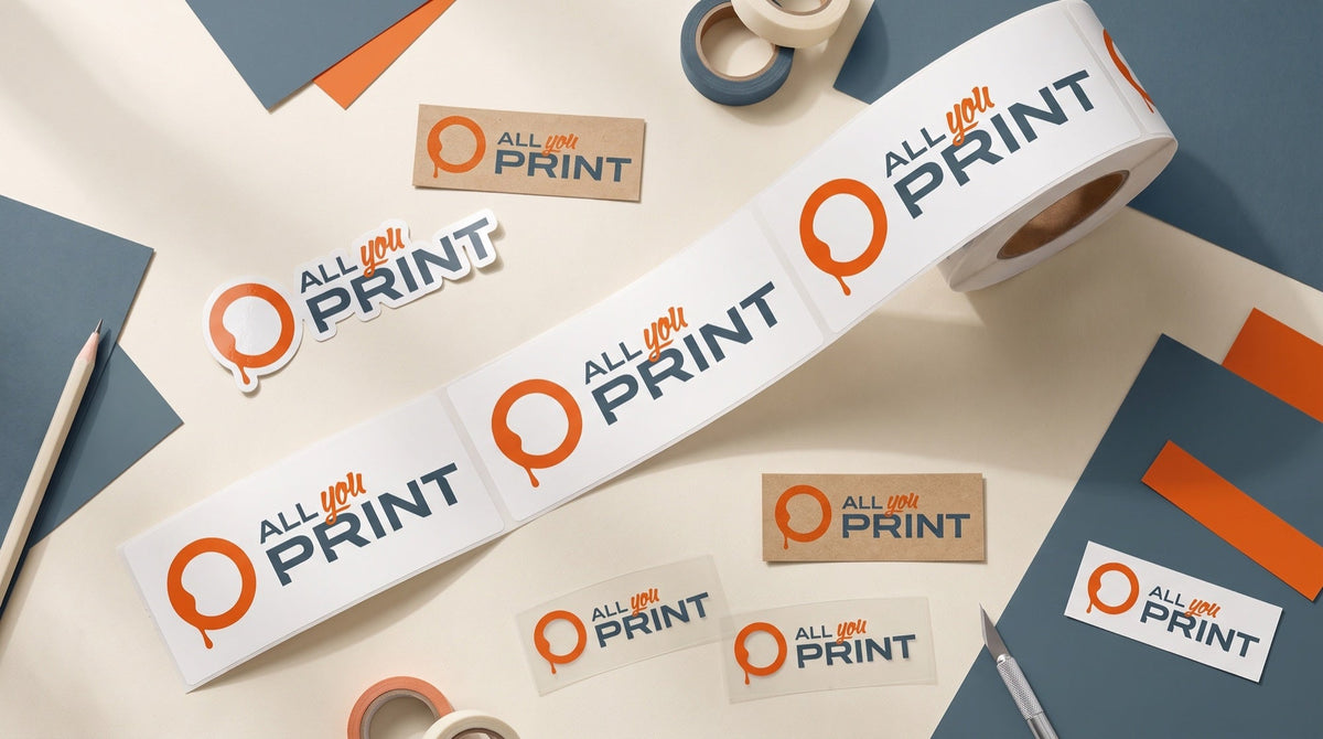 Aufkleber und Etiketten aus Vinyl, Kraftpapier und transparenter Folie mit All You Print Logo