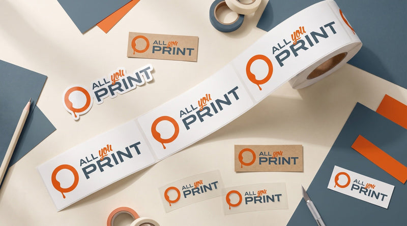 Aufkleber und Etiketten aus Vinyl, Kraftpapier und transparenter Folie mit All You Print Logo
