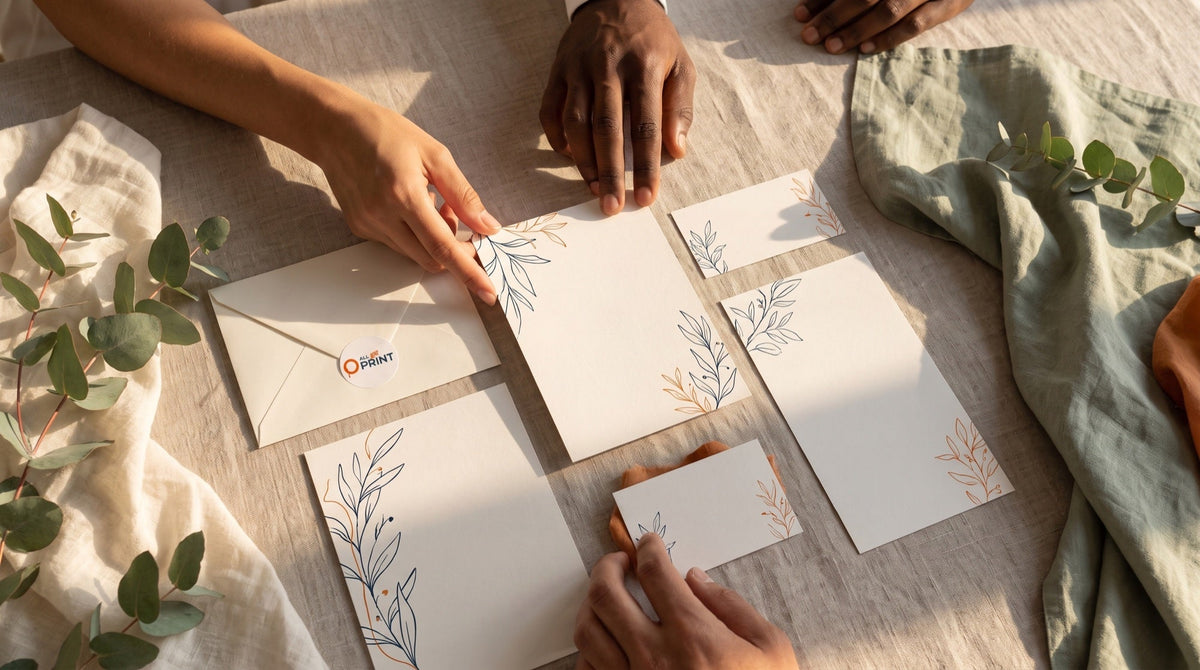Papeterie de mariage avec faire-part, menu et marque-places sur une nappe en lin