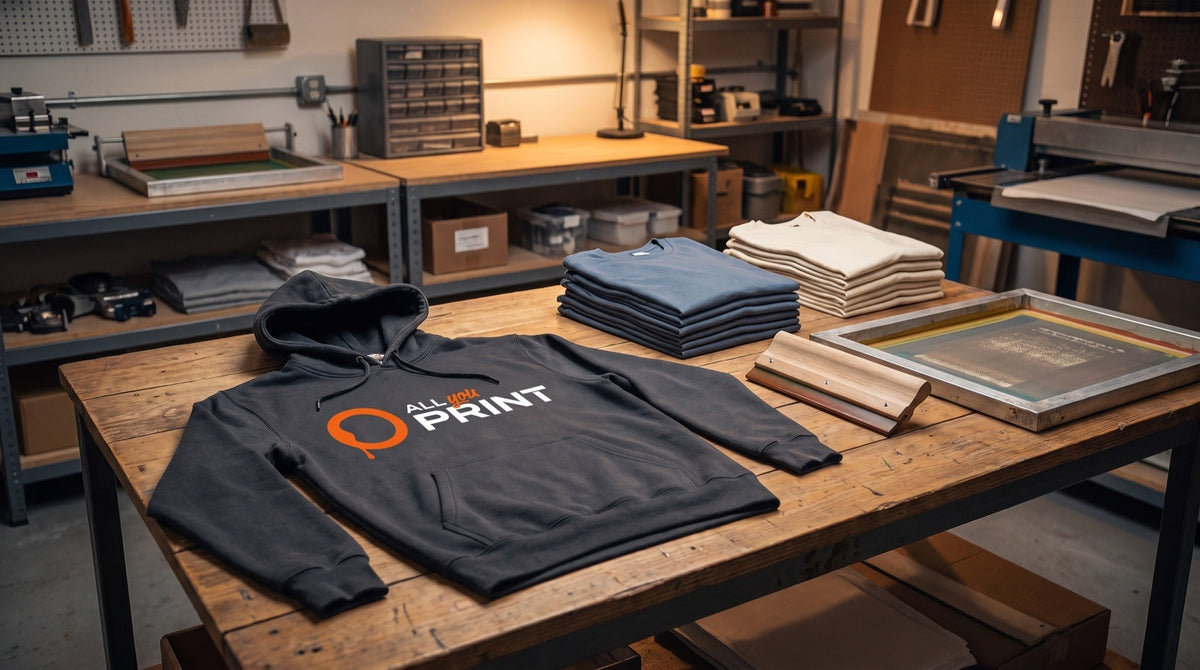 Printed hoodie with the All You Print logo in a screen printing workshop