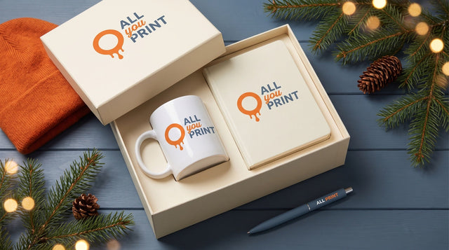 Gift box with mug, beanie, notebook and pen with the All You Print logo