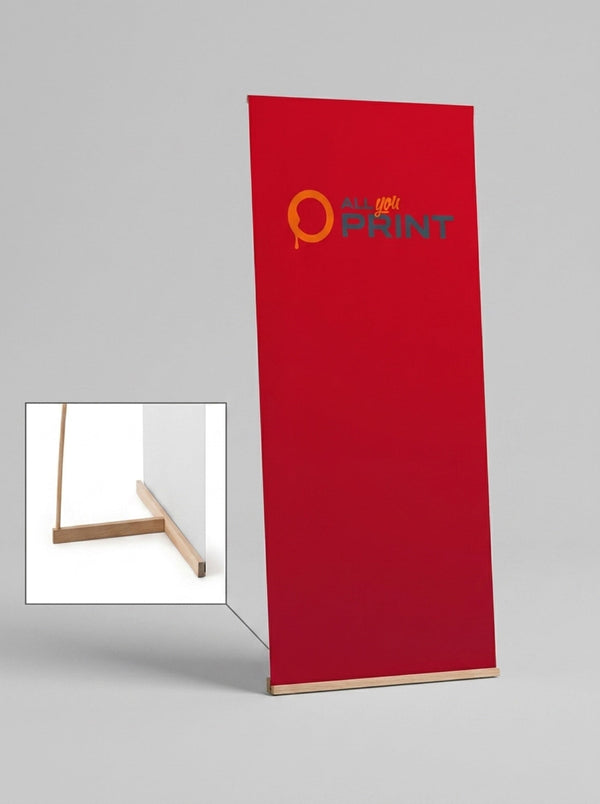 L-Banner bois avec baguettes bois, systeme avec impression