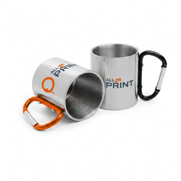 Tasses en inox avec poignée mousqueton, gravées