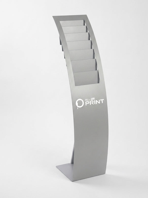 Presentoir a prospectus en metal, modele sur pied avec habillage adhesif
