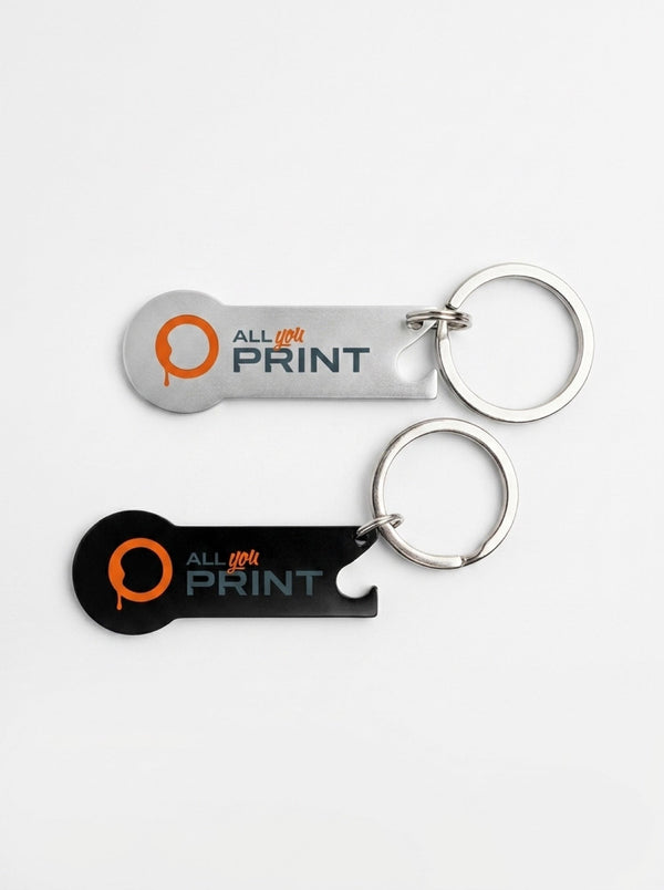 Porte-cles avec jeton de caddie et decapsuleur